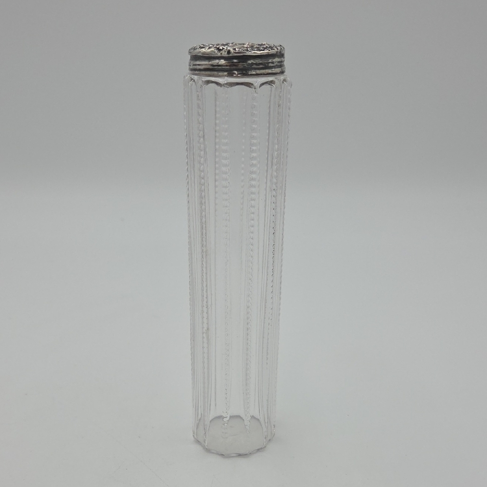 Antique Sterling Silver Repousse Lid Pressed Glass Powder Jar Dresser